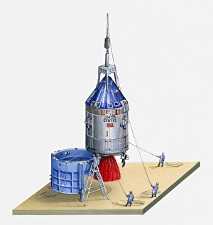 Illustration of Apollo 11 spacecraft being lifted into position Illustration of Apollo 11 spacecraft being lifted into position