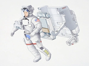 Illustration of Astronaut preparing for spacewalk, wearing spacesuit with American flag Illustration of Astronaut preparing for spacewalk, wearing spacesuit with American flag