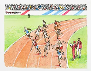 Illustration of athletes passing the baton during relay race as sports officials look on Illustration of athletes passing the baton during relay race as sports officials look on