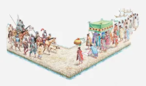 Illustration of Axzecs welcome conquistadors as Moctezuma walks beneath canopy to greet the Spaniards at Tenochtitlan Illustration of Axzecs welcome conquistadors as Moctezuma walks beneath canopy to greet the Spaniards at Tenochtitlan