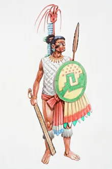 Illustration, Aztec apprentice warrior clad in loincloth carrying a spear-thrower (Atlatl) Illustration, Aztec apprentice warrior clad in loincloth carrying a spear-thrower (Atlatl)