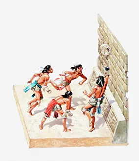 Illustration of Aztec game of Tlachtli on tlachco court Illustration of Aztec game of Tlachtli on tlachco court