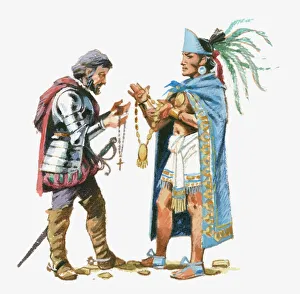 Illustration of Aztec King Moctezuma exchanging gifts with Cortes Illustration of Aztec King Moctezuma exchanging gifts with Cortes