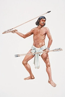 Illustration, Aztec warrior in armour carrying yellow-green and red dotted shield, spear and oak broadsword Illustration, Aztec warrior in armour carrying yellow-green and red dotted shield, spear and oak broadsword
