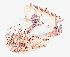 Illustration of Aztecs attacking the Spaniards at palace of Moctezuma Illustration of Aztecs attacking the Spaniards at palace of Moctezuma