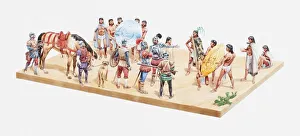 Illustration of Aztecs greeting the Spanish conquistadors, giving them gold and other gifts from Moctezuma, 1519 Illustration of Aztecs greeting the Spanish conquistadors, giving them gold and other gifts from Moctezuma, 1519