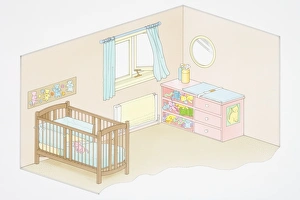Illustration, babys bedroom designed according to child-safety principles, elevated view Illustration, babys bedroom designed according to child-safety principles, elevated view