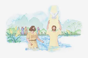 Illustration of a bible scene, Luke 3, John the Baptist baptises Jesus in the River Illustration of a bible scene, Luke 3, John the Baptist baptises Jesus in the River