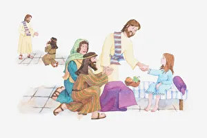 Illustration of a bible scene, Luke 8, Jesus raises a dead girl Illustration of a bible scene, Luke 8, Jesus raises a dead girl