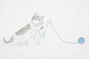 Illustration, black and white kitten playing with ball of wool Illustration, black and white kitten playing with ball of wool