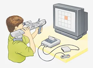 Illustration of boy playing computer game on games console using light gun controller Illustration of boy playing computer game on games console using light gun controller