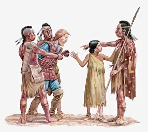 Illustration of Captain Smith being taken prisoner while Pocahontas tries to stop it Illustration of Captain Smith being taken prisoner while Pocahontas tries to stop it