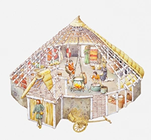 Illustration of a Celtic home showing cooking cauldron hanging on a cross-beam from the wooden frame of the house Illustration of a Celtic home showing cooking cauldron hanging on a cross-beam from the wooden frame of the house