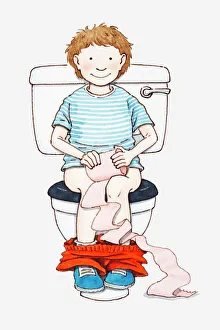Illustration of child sitting on toilet holding roll of toilet paper Illustration of child sitting on toilet holding roll of toilet paper
