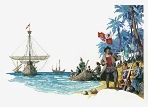 Illustration of Christopher Columbus with boats Santa Maria, Pinta and Nina arriving on island with royal banner Illustration of Christopher Columbus with boats Santa Maria, Pinta and Nina arriving on island with royal banner