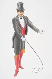 Illustration, circus ring master wearing white gloves, top hat Illustration, circus ring master wearing white gloves, top hat