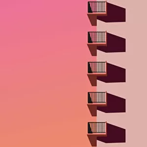 Simplicity in Focus: A Minimal Art Photography Collection: Illustration of city building with balconies and sunset gradient sky