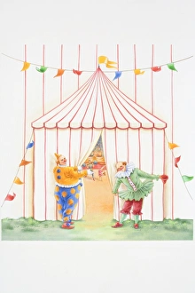 Illustration, two clowns holding back curtain in entrance to circus tent with inviting gestures Illustration, two clowns holding back curtain in entrance to circus tent with inviting gestures