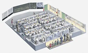 Illustration of the control room of the Apollo 11 space mission Illustration of the control room of the Apollo 11 space mission