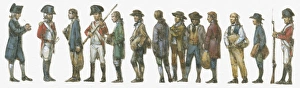 Illustration of convicts standing in disembarking line at Sydney Cove guarded by British army Redcoats Illustration of convicts standing in disembarking line at Sydney Cove guarded by British army Redcoats