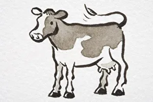 Illustration, Cow standing with its tail flipped up, side view Illustration, Cow standing with its tail flipped up, side view
