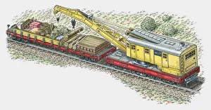 Illustration of crane lifting logs from cargo train Illustration of crane lifting logs from cargo train