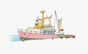 Illustration of crane unloading cargo from ship on to lorries on dockside Illustration of crane unloading cargo from ship on to lorries on dockside