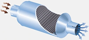 Illustration, cross-section diagram of catalytic converter with arrows indicating Illustration, cross-section diagram of catalytic converter with arrows indicating