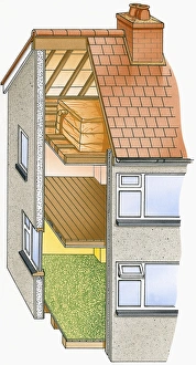 Illustration of cross section of house showing insulation on floors and windows Illustration of cross section of house showing insulation on floors and windows