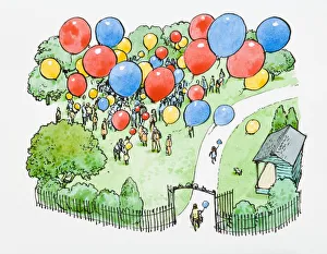 Illustration of crowd standing park releasing multi coloured balloons into the air Illustration of crowd standing park releasing multi coloured balloons into the air