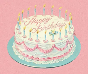 An illustration depicting a white cheerful birthday cake An illustration depicting a white cheerful birthday cake