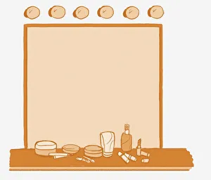 Illustration, dressing room mirror with six light bulbs on top and range of make-up on board at bottom Illustration, dressing room mirror with six light bulbs on top and range of make-up on board at bottom
