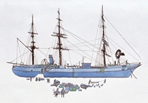 Illustration of early 20th century cargo ship stranded on ice Illustration of early 20th century cargo ship stranded on ice