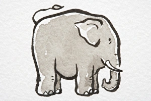 Illustration, Elephant standing with its tail flipped up, side view Illustration, Elephant standing with its tail flipped up, side view