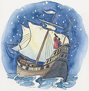 Illustration of explorer Ferdinand Magellan looking through telescope to steer galleon in right direction using Illustration of explorer Ferdinand Magellan looking through telescope to steer galleon in right direction using