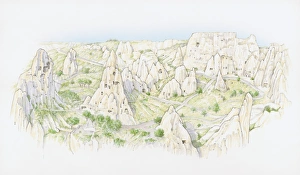 Illustration of fairy chimney rock formations in valley, Goreme National Park Illustration of fairy chimney rock formations in valley, Goreme National Park