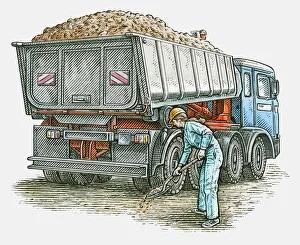 Illustration of female manual worker standing behind tipper truck holding spade Illustration of female manual worker standing behind tipper truck holding spade
