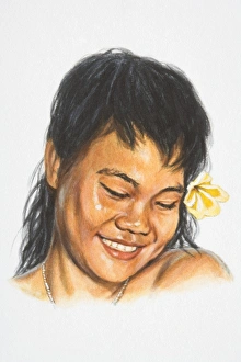 Illustration, female native inhabitant of the Pacific Islands, smiling, her hair decorated with a flower Illustration, female native inhabitant of the Pacific Islands, smiling, her hair decorated with a flower