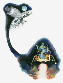 Illustration of first Apollo moon landing and rocket boosters underneath Eagle lunar module Illustration of first Apollo moon landing and rocket boosters underneath Eagle lunar module