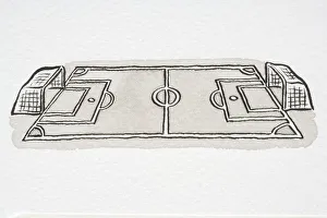 Illustration, football pitch with netted goals at each end, high angle view Illustration, football pitch with netted goals at each end, high angle view