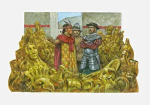 Illustration of Francisco Pizarro standing next to Inca Emperor Atahualpa in room full of gold Illustration of Francisco Pizarro standing next to Inca Emperor Atahualpa in room full of gold