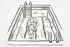 Illustration, girl inside swimming pool surging forward with both arms stretched in front of her, elevated view Illustration, girl inside swimming pool surging forward with both arms stretched in front of her, elevated view