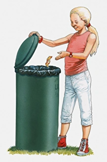 Illustration of girl throwing rubbish in bin Illustration of girl throwing rubbish in bin