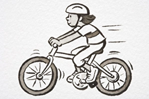 Illustration, girl wearing helmet riding bicycle, side view Illustration, girl wearing helmet riding bicycle, side view