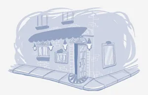 Illustration in grey-blue, view down two sides of house on corner, showing ground floor and first floor Illustration in grey-blue, view down two sides of house on corner, showing ground floor and first floor