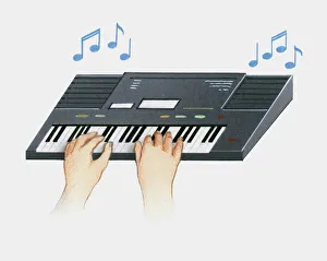 Illustration of hands on synthesizer keyboard Illustration of hands on synthesizer keyboard