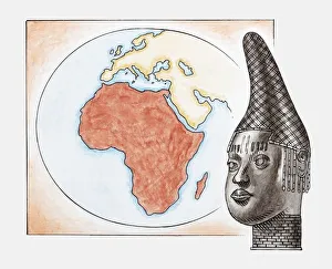Illustration of head of Queen Mother of Benin (Iyoba) in front of map of Africa Illustration of head of Queen Mother of Benin (Iyoba) in front of map of Africa