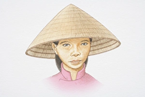 Illustration, head of young woman wearing a Nonla, traditional Vietnamese conical hat Illustration, head of young woman wearing a Nonla, traditional Vietnamese conical hat