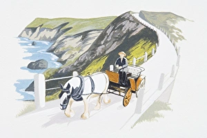 Illustration of horse and cart on coastal road above cliffs Illustration of horse and cart on coastal road above cliffs