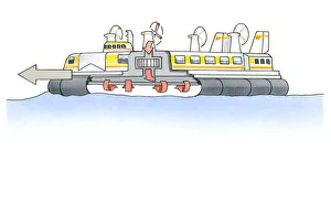Illustration of hovercraft with cross-section showing propellers blowing warm air under hull to move vessel forward Illustration of hovercraft with cross-section showing propellers blowing warm air under hull to move vessel forward